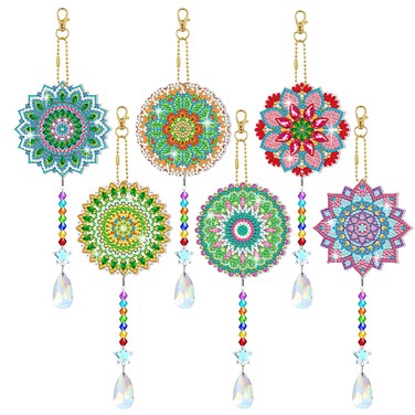 Tradder 6 Pcs 5D Diamond Painting DIY Wind Crystal Wind Chimes Kit Diamond Art Double Sided Mandala Ornaments with Crystal Pendant for Spring Home Garden Hanging Ornament