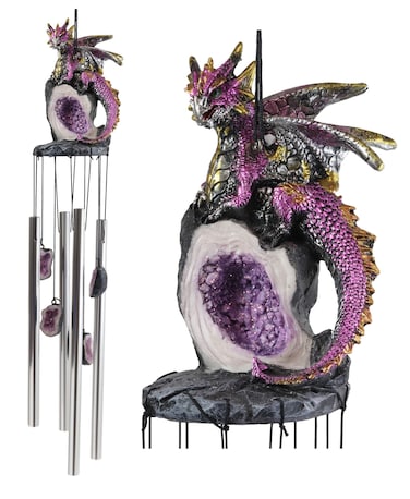 Ebros Gift Medieval Purple Dragon Guarding Topaz Crystal Geode Rock Figurine Crown Top Resonant Wind Chime with Miniature Geode Rocks Ornaments for Garden Patio Home Fantasy Dungeons and Dragons