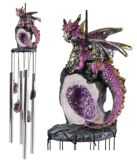 Ebros Gift Medieval Purple Dragon Guarding Topaz Crystal Geode Rock Figurine Crown Top Resonant Wind Chime with Miniature Geode Rocks Ornaments for Garden Patio Home Fantasy Dungeons and Dragons