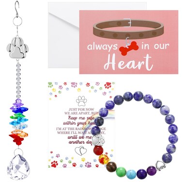 5 Pcs Rainbow Pet Memorial Gifts Set Includes Paw Print Crystal Sun Catcher, Dog Rainbow Bracelet, Pet Sympathy Card with Envelopes, Dog Memorial Card for Women Men Loss of Dog Pet Sympathy Gift