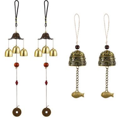4 Pieces Feng Shui Wind Bell Lucky Wind Chime Chinese Feng Shui Metal Bell Wind Chime 3 Bells Hanging Wind Bell Vintage Dragon and Fish Feng Shui Hanging Chime for Good Luck, Safe, Home Garden Patio