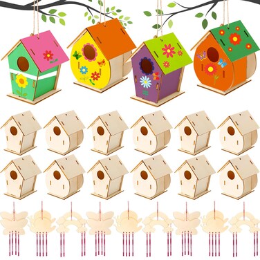 Wonderjune 30 Pcs Crafts DIY Bird House Wind Chime Kit Unfinished Wood Birdhouse Kits 12 Wooden Birdhouses &amp; 18 Wind Chimes Build and Paint Birdhouses Bulk Crafts Set