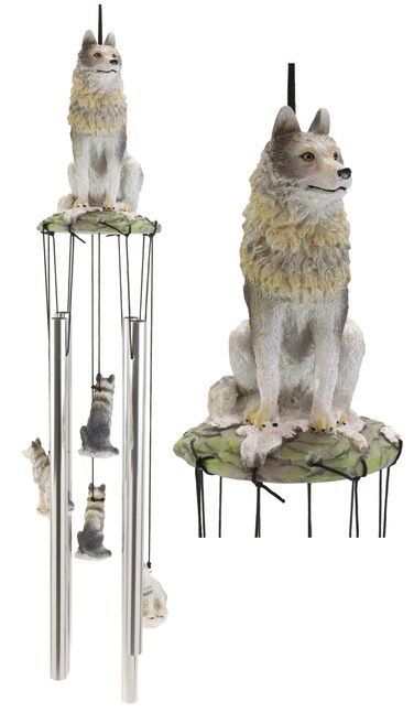 Ebros Realistic Sitting Lone Gray Wolf Hand Painted Sculptural Wind Chime Resonant Relaxing Patio and Garden Wine Chimes Mobile Decor of Wolves Timberwolves Direwolf