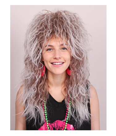 FantaLook Long Cruly Brown with White 80s Wig for Women