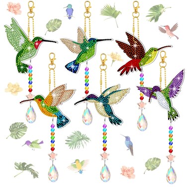 Tradder 6 Pcs Diamond Art Kits 5d Rhinestone Painting Wind Chimes Art Sun Catchers Double Sided Hummingbird Birds Art Kits with Crystal Pendant for Adults Home Window Decor Garden