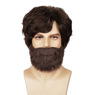 QACCF Mens Short Brown Curly Side Bang Shaggy Costume Hippie Wig and Facial Beard