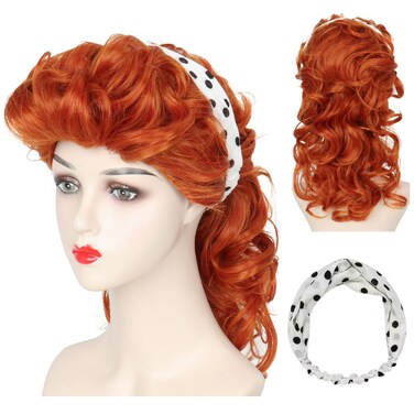 Miss U Hair Long Curly Ginger Red Wig Copper Red 50's Housewife Wig for Women Adult Halloween Costume