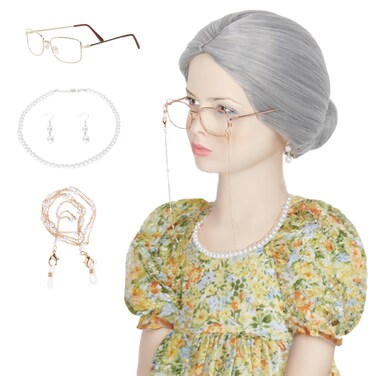 Miss U Hair Old Lady Wig for Kids Granny Wig Grandma Wig 100Days of School Party Cosplay Halloween Wig