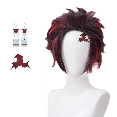 abouder Tanjiro Cosplay Wig Demon Slayer Wig with Earrings Markings Kimetsu No Yaiba Wig Short Layered Brown Wigs Synthetic Christmas Halloween Hair for Anime-Fans (Kamado Tanjirou)