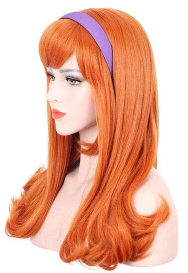karlery Adult Women Long Curly Orange Bangs Daphne Wig Halloween Cosplay Costume Party Wig (Free Purple Headband and Wig Cap)