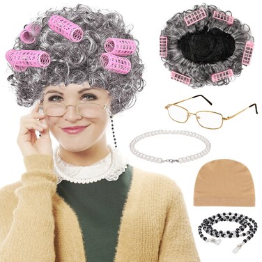 Old Lady Costume Set, Old Lady Wig Set Granny Wig with Hair Rollers, Wig Cap, Grandma Glasses, Eyeglass Chain, Pearl Necklace Grandmother Dress Up Accessories for Dress Up Party Halloween Cosplay