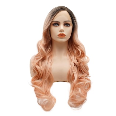 LUSHY BEAUTY Hair Synthetic Lace Front Wig Wavy Long 26inch Dark Root Lemon Pink Mix Ombre Heavy Density Heat Resistant Realistic Wig