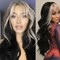 Allbell Long Wavy Black Wigs with Blonde Bangs Golden Front Highlight Hair Cosplay Wig for Women Heat Resistant Fiber Daily Use Party Cosplay
