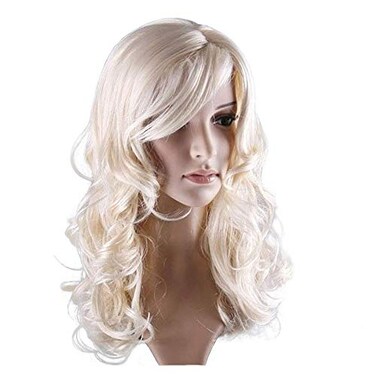 MAGQOO Blonde Wig for Women Long Curly Wavy Wig Blonde Wigs with Bangs Cosplay Costume Party Halloween Wigs 24 Inches