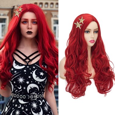 Coraline Princess Wig Long Curly Wavy Red for Women Halloween Costume Party Wig with Starfish Hair Clips