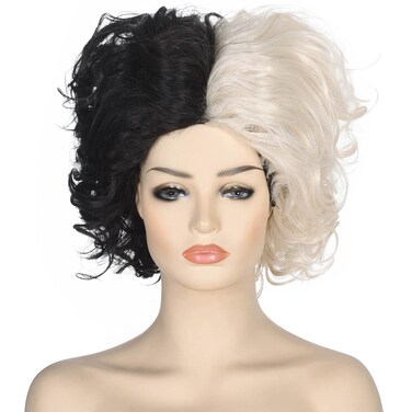 AMZCOS Black and Blonde Wig for Womens Cosplay Costume Short Wavy Fluffy Synthetic Wigs for Halloween Party