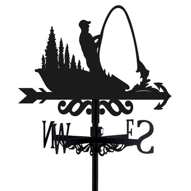 BEUNITONE Fishing Weathervane 26&acirc;&euro; Height Black Metal Fisherman Wind Vane Animal Ornament Garden Stake Weather Vane Fishing Design Windmill Wind Cups &amp; Brackets for Farmhouse Outdoor Yard Decoration