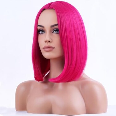 BERON Hot Pink Short Wigs Straight Bob Hair Wigs for Women Middle Part Synthetic Cosplay Wigs Daily Party Use