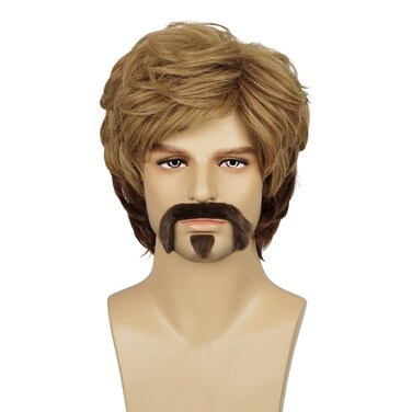 FATMAUI Mens 70s Brown Omber Cosplay Halloween Costume Shaggy Male Wig and Fake Mustache