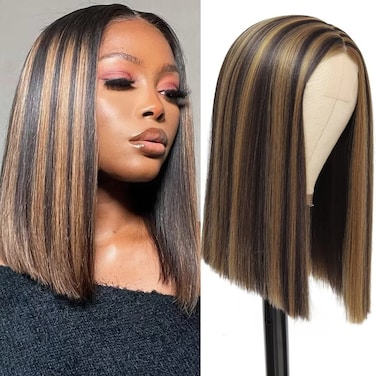 Short Synthetic Bob Wig For Black Women 4/27 Highlight Ombre Bob Wig Straight Synthetic Brown Mixed Blonde Wig 14inch Shoulder Length Wigs For Women Middle Part Wigs For Daily Use(P4/27,14inch)