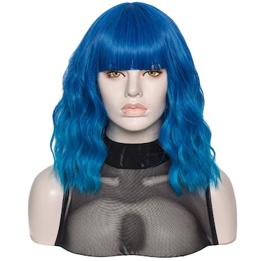 QACCF Dark Blue Wig Short Curly Shoulder Length Women Full Bang Halloween Cosplay Party Ocean Blure Omber Wig (Ocean)