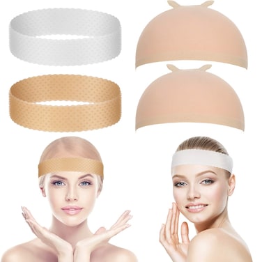 4 Pieces Silicone and Nylon Transparent Sweatproof Seamless Non-Slip Stretchy Wig Headband with Wig Cap for Sport and Yoga (White, Light Brown, Skin Color)
