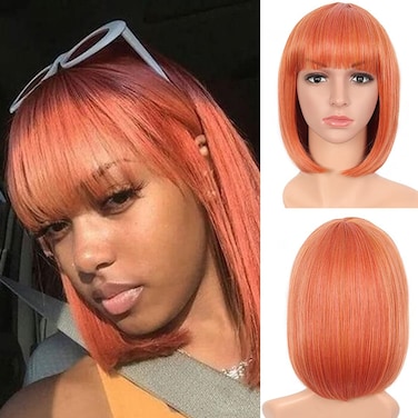 Kalyss Short Straight Bob Wig with Bangs Colorful Wigs Cosplay Party Wig for Women Heat Trsistant Synthetic Wig Halloween Party Cospaly Use (12''Ormix)