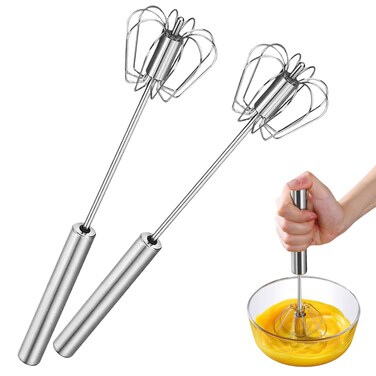 304 Stainless Steel Semi-Automatic Whisk,12 Inch Egg Whisk Hand Push Rotary Whisk Blender,Hand Push Mixer Stirrer Tool for Blending,Whisking,Beating,Stirring,2 PCS