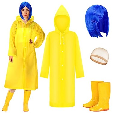 Bonuci 4 Pcs Halloween Women's Raincoat Costume Set Waterproof Rain Jacket Outfit Blue Hair Wig with Wig Caps Rain Boots for Women Cosplay