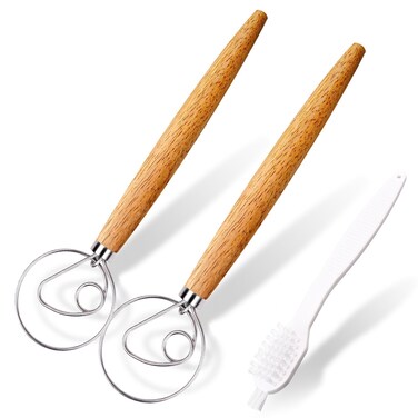 Aqdocvf 2-Pack Danish Dough Whisk, 13-Inch Bread Whisk, Dutch Whisk with Stainless Steel Ring, Dutch Bread Whisk for Sourdough, Pizza, Pastry, and Cookies, Essential Kitchen Cooking Safe Mixing Tool