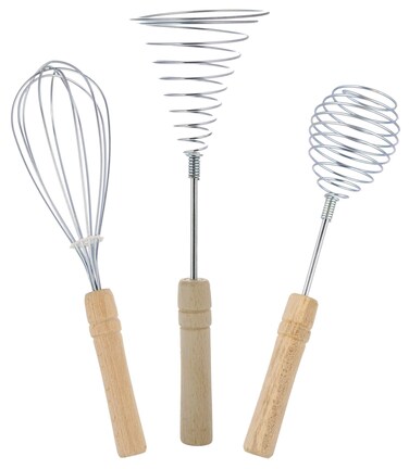 Long Kitchen Hand Wire Egg Whisker - Pack of 3 - Stainless Steel Whipper with Wooden Handle Heavy Duty Handled Food Whisk