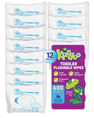 Flushable Wipes for Baby and Kids by Kandoo, Sensitve and Unscented Formula, Hypoallergenic Potty Training Wet Cleansing Cloths, 50 Count, Pack of 12