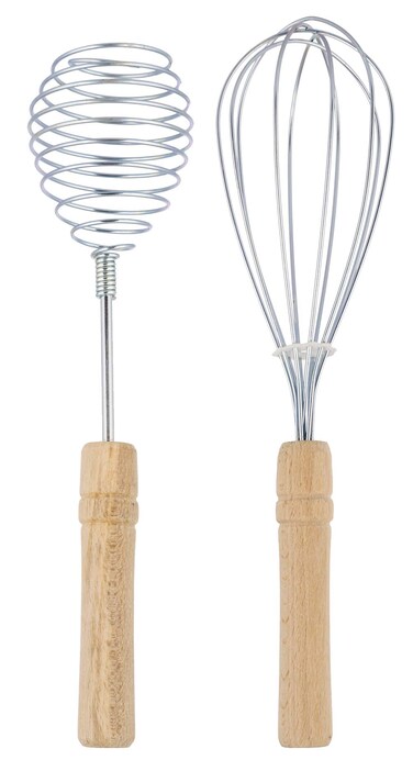 Whisk Wire Stainless Egg Whipper for Cooking - Pack of 2 - Metal Egg Whipper with Wooden Handle - Long Handled Cooking Steel Whisk