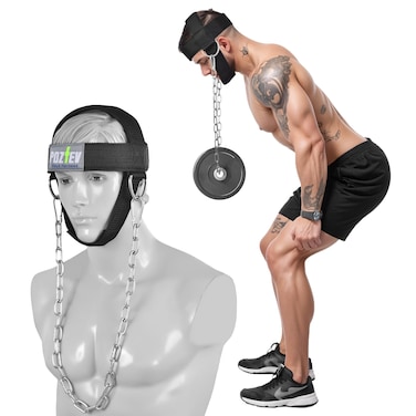 POZTEV Neck Harness with Heavy-Duty Chain - Neck Exerciser with Adjustable Head and Chin Straps - Head Weight Lifting with Inside Padding to Improve Neck Strength and Reduce Neck Pain