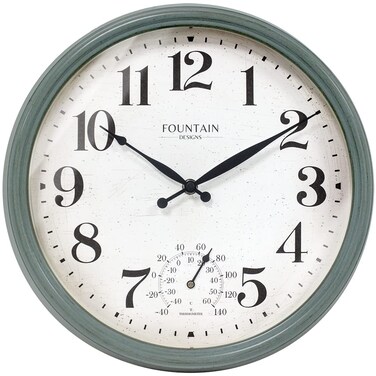 Fountain Designs 13" Maison in/Outdoor Clock with Thermometer, 2 in One Weather Station - Aged Teal Finish (Weather Thermometer/Wall Decoration)