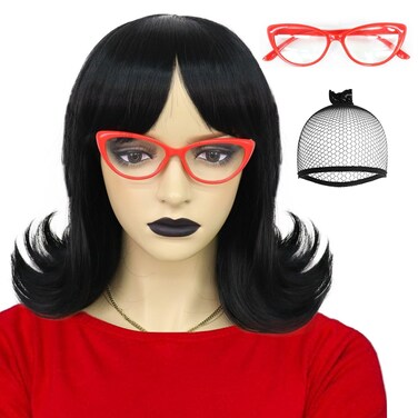 JoneTing Linda wig Short Black Flip Bob Wig for Women&atilde;&euro;+1 Wig Cap +1 Red Glasses&atilde;&euro;&lsquo; Short Bob Wig Black Synthetic Hair Wig for Costume Halloween Party Cosplay