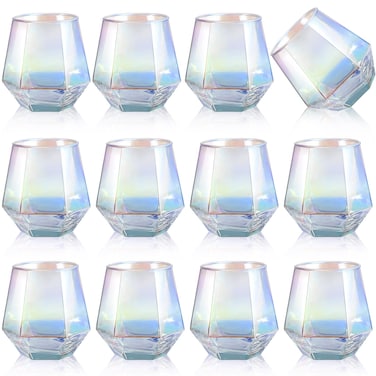 Set of 12 Iridescent Stemless Wine Glass 10.5 oz Rainbow Glassware Cup for Cocktail Whiskey Christmas Wedding Birthday Party Home Bar Housewarming Gift
