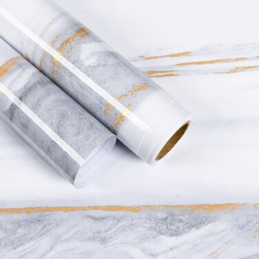 EaseStick Gold Grey White Marble Contact Paper for Countertops 15.7''x160'' Removable Glossy Marble Peel and Stick Wallpaper for Bathroom Waterproof Self Adhesive Marble Vinyl Wrap for Kitchen Table
