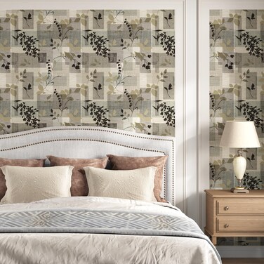 HotDecor Brown Cloth Peel and Stick Wallpaper Floral Dark Leaves Contact Paper for Countertops 17.5"X118" Waterproof Self Adhesive Vinyl Wall Paper for Bedroom Retro Damask Floral Wall Mural Decor