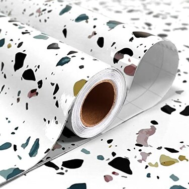 Stickyart 24"x160" Glossy White Terrazzo Contact Paper Self Adhesive Marble Contact Paper for Kitchen Countertops Waterproof Removable Granite Contact Paper Marble Pattern Wallpaper for Bathroom Wall