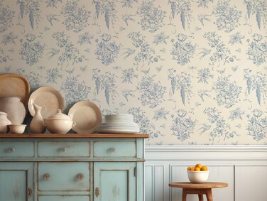RollsRolla Vintage Toile French Country Peel and Stick Wallpaper - Blue and White Self-Adhesive Wallpaper for Bedroom, Living Room, Bathroom, Accent Wall
