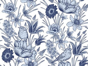 GLOW4U Peel and Stick Blue Birds Flower Wallpaper Vintage Birds Floral Contact Paper for Walls Bedroom Kitchen Bathroom Cabinets Shelves Dresser Drawer Liner Furniture Decal 17.7X117 Inches