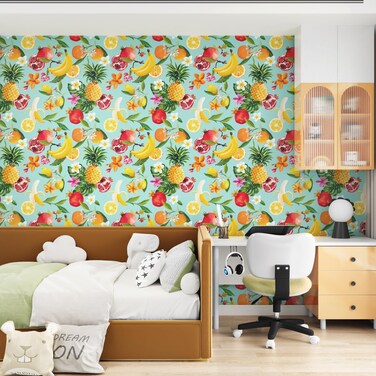 HotDecor Tropical Fruits Floral Peel and Stick Wallpaper 118"x17.5" Removable Self Adhesive Wallpaper for Walls Desktop Vinyl Floral Contact Paper Cabinet Covering Teal Blue Lemon Leaf Wall Mural