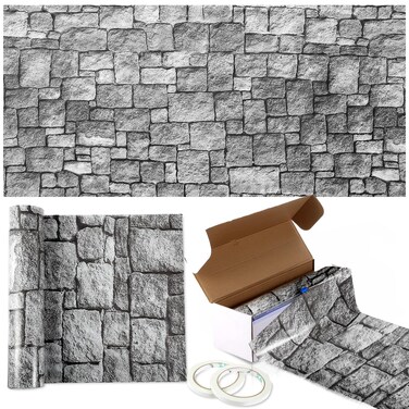 Drydiet Stone Wall Castle Backdrop Grey Brick Tablecloth Roll 59.1x787.4 Inch with Cutting Box and Adhesive Tape Grey Antique Brick Wall Background Medieval Castle Themed for Birthday Party Supplies