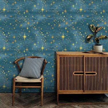 Navy Peel and Stick Wallpaper Gold Star Wall Stickers Self Adhesive Wallpaper Retro Starburst Contact Paper for Ceiling Decor Sparkle Art Murals Decals for Cabinets Bedroom Living Room,15.7" x 47.2
