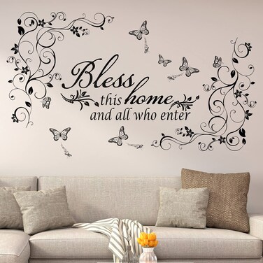 Living Room Wall Decals Stickers Bless This Home and All Who Enter Removable Vinyl Quotes Black Flowers Vine Wall Stickers Butterfly Wall Sticker Murals Peel and Stick Art for Home Decorations