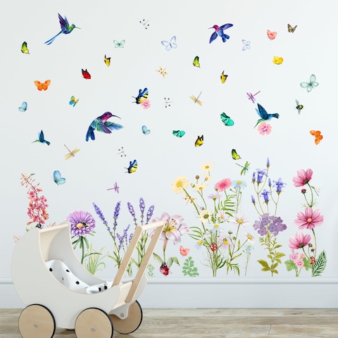 Supzone Flowers Butterflies Wall Decals Chrysanthemums Dragonflies Wall Stickers Peel and Stick Colorful Flower Stickers Elegant Wall Stickers &amp; Murals for Girls Bedroom, Living Room Decor
