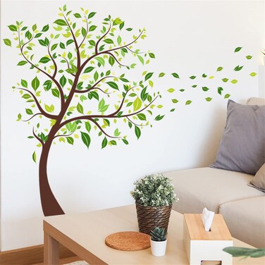 WOHAHA Green Tree Wall Decals Fluttering Leaves Wall Stickers Painting Style Plant Home Decor Removable Murals for Living Room Bedroom Sofa TV Background Wall Art Decoration