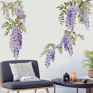 Runtoo Hanging Purple Flower Wall Art Stickers Wisteria Floral Wall Decal for Living Room Bedroom Baby Girls Nursery Wall Decor