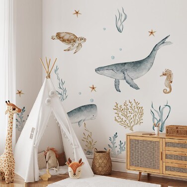 Ocean Wall Decals Watercolor Under The Sea Wild Life Animals Sea Turtles Whales Wall Stickers Waterproof Peel and Stick Removable Ocean